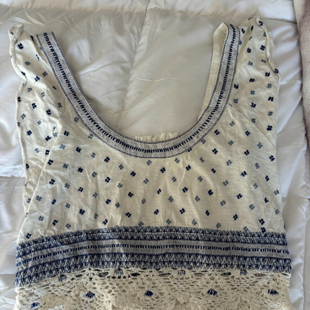 Free People White and Blue Flowy Top